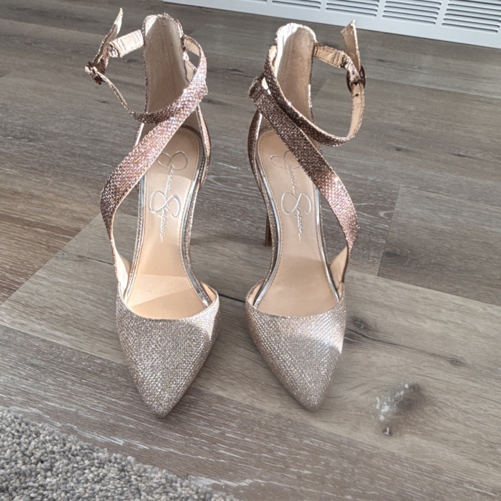 Jessica Simpson Gold Glitter Strappy Ankle Strap Pointed Toe Stiletto Heels